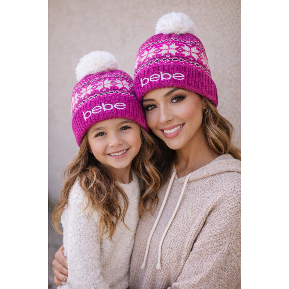 bebe Pink Knit Beanie Hat Lot Women’s & Baby Girl Pom Pom Mommy & Baby Style